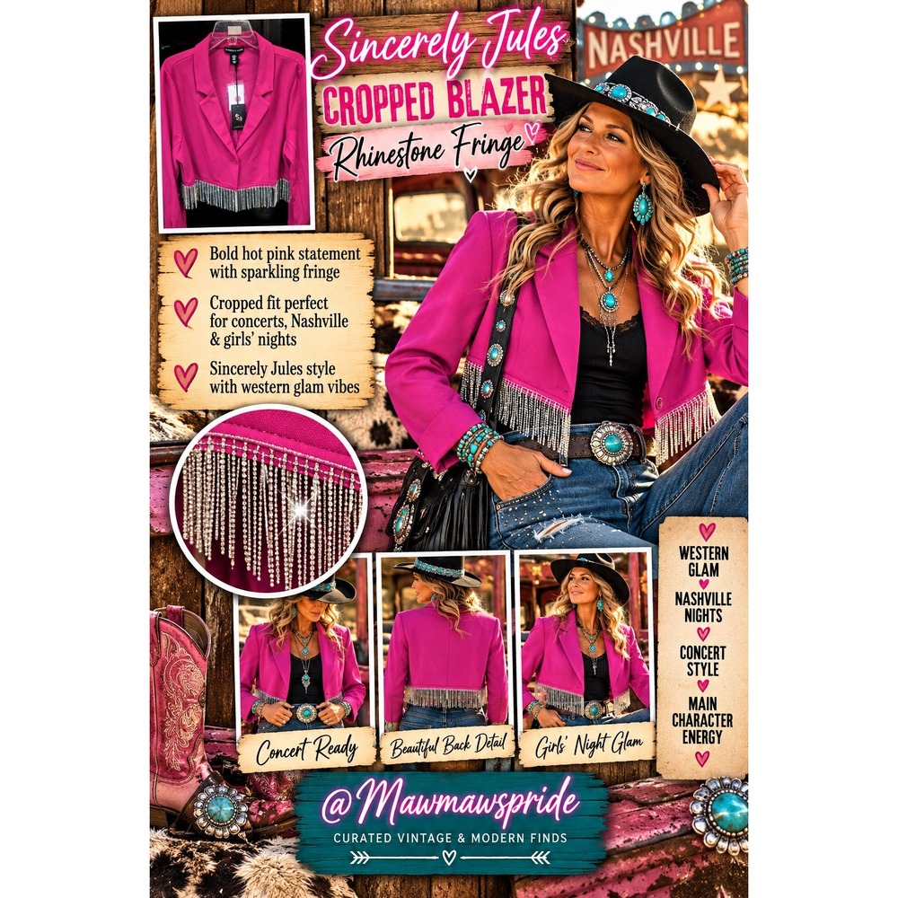 Sincerely Jules Hot Pink Cropped Blazer Rhinestone Fringe Western Glam XL NEW